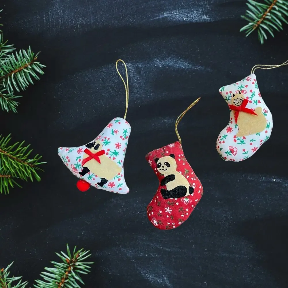 Vtg. Set of 3 Panda Cat Sheep Pillow Christmas Holiday Ornaments Retro Animal